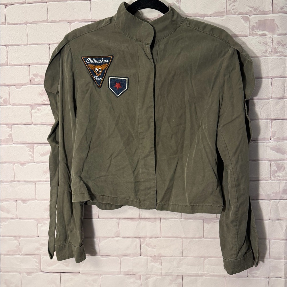 Zara Top Trafaluc Chihuahua Fan Patch Moto Blouse Jacket Womens Small Army Green